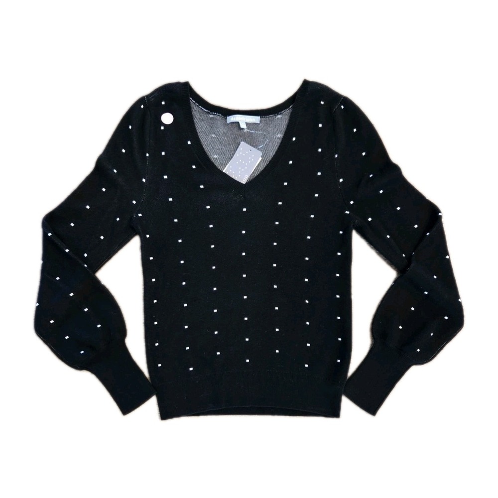 Daniel Rainn Keily Polka Dot Volume Sleeve V-Neck Sweater Black XS D70325SI6
